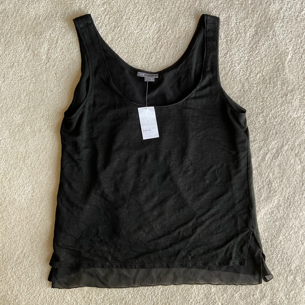 VINCE Black Silk Linen Double Layer Tank Top L NWT